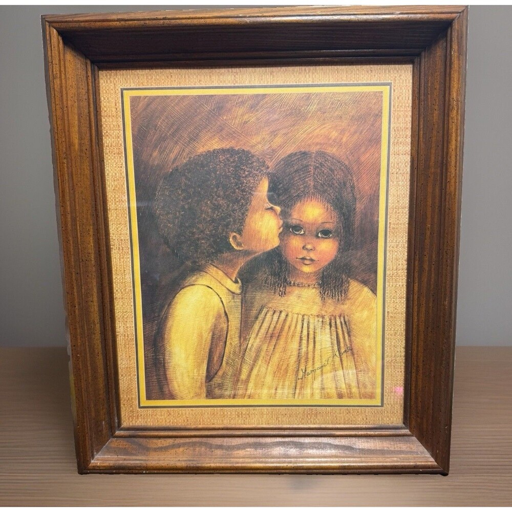 Margaret Kane Ethnic A Little Kiss Vintage Art Print Glass Framed 1970s Grandma